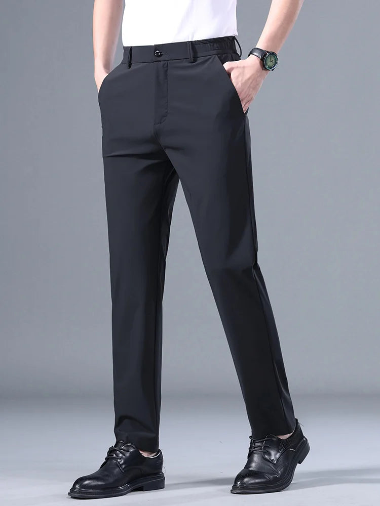 Summer Good Stretch Smooth Trousers Men Business Elastic Waist Korean Classic Thin Black Gray Blue Casual Suit Pants Male Brand