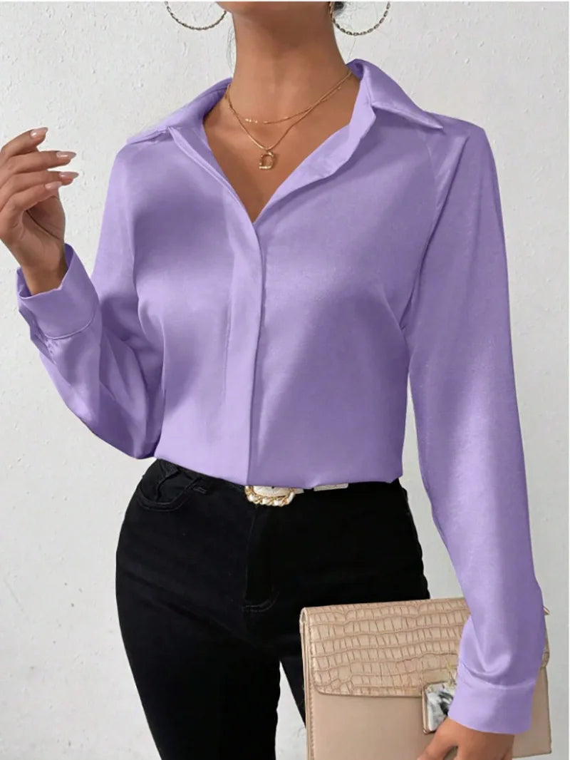 Women's Long Sleeve Silk-like Shirt European American Style Cross-border Clothing High-quality Fashionable Ladies Blouse