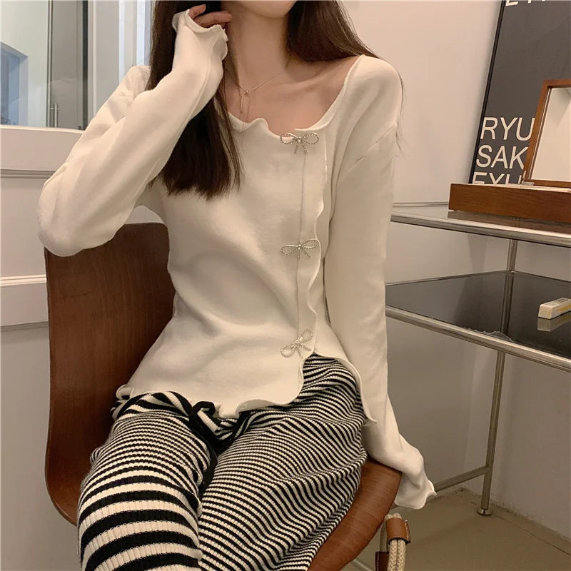 Hot Selling Women's Sweater Black Side Split Fungus Edge Bow Outcoat Knitted Cardigan Pullovers Long Sleeves Women's Clothing