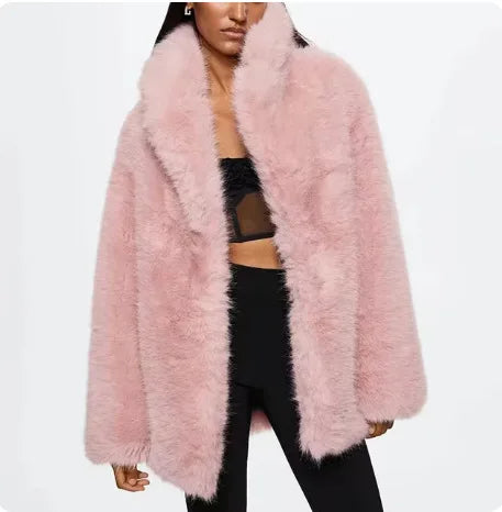 TARUXY 2025 Winter Imitation Fox Fur Mid-length Coat For Women Fashion Artificial Lapel Thicken Streetwear Faux Fur Jacket Lady