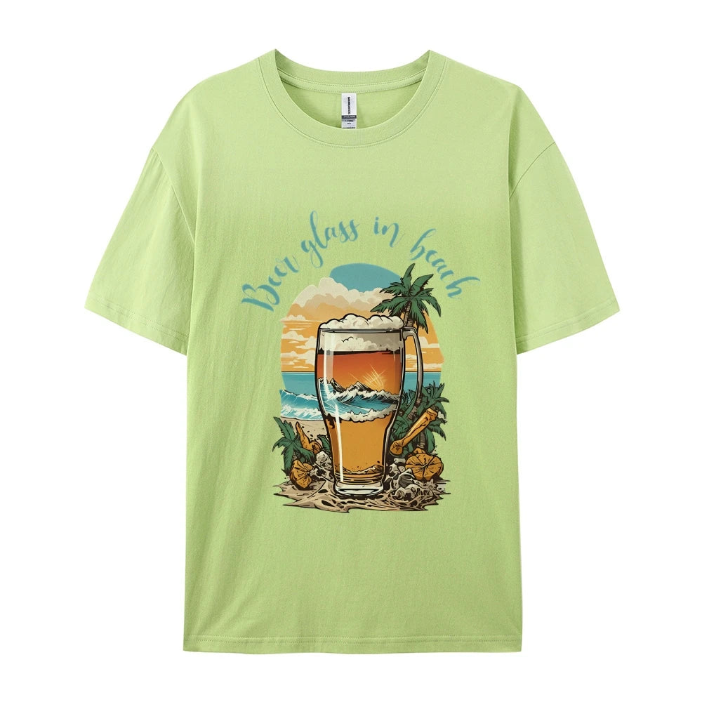 Beer Glass In Beach Women’s Graphic Tee Summer Vacation T-Shirt Beers Lover Shirt Oktoberfest Tshirts Women’s Clothes Top Tees