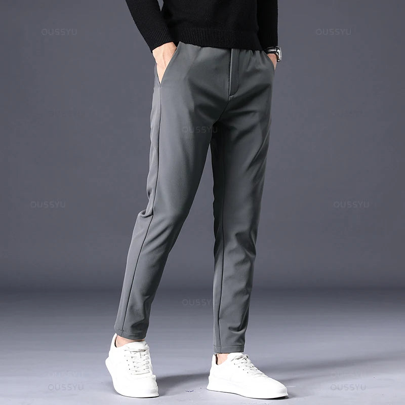 Winter Warm Fleece Trousers Men Thicken Business Stretch Slim Elastic Waist Jogger Korean Outdoor Sweatpants Suit Pants Male