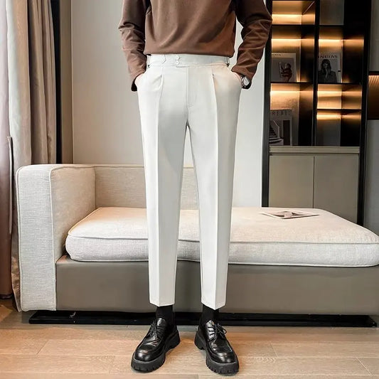 2023 New British Style Solid High Waist Draped Trousers Korea Men Formal Blazer Pants Slim Business Casual Suit Pants Hommes