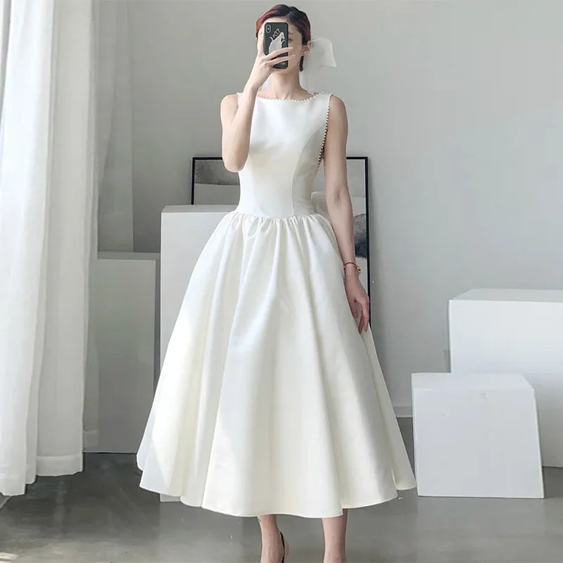 White Satin Wedding Dress Elegant Prom Evening Midi Dresses For Women 2023 Summer Sexy Long Birthday Graduation Party Vestido