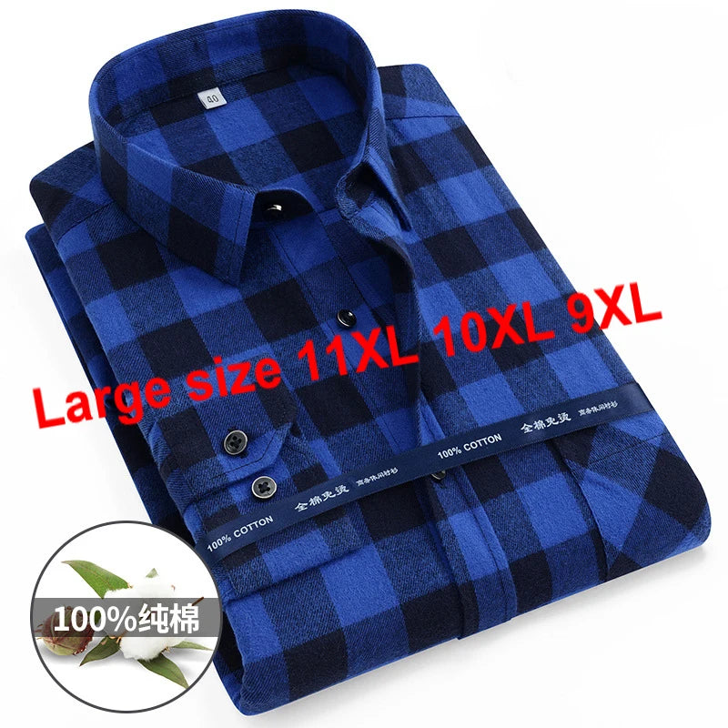 Size 11XL 10XL 9XL Fashion Flannel Plaid Shirts For Men‘s Long Sleeve Cotton Casual Blouse Soft Standard-Fit Shirt Male Clothing