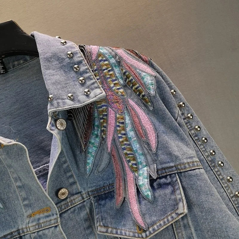 2024 New AutumnFashion Rivet Woman Denim Jacket Long Sleeve Female Jackets Jeans Coat Beading Tassel Denim Coat Outerwear