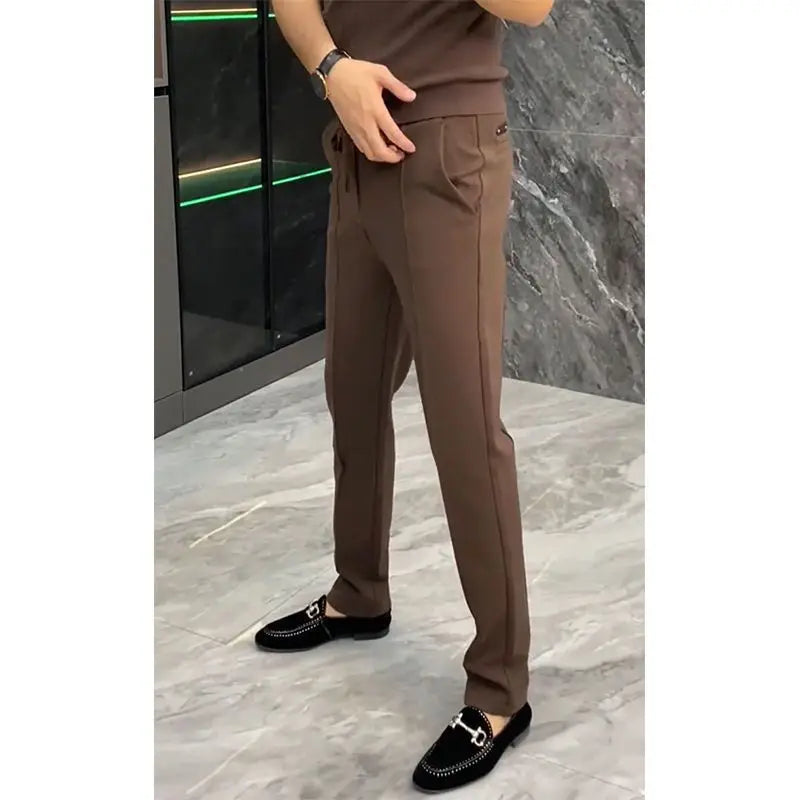 Simplicity Trend Spring Autumn Suit Pants Men Solid Pockets Zipper Smart Casual Office Social Slim Bound Feet Straight Trousers