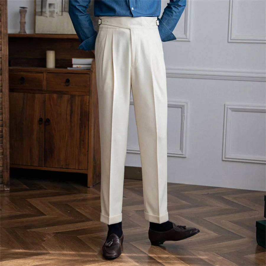 Men Solid Color Suit Trousers Spring Trendy Belt High Waist Pants Male Business Office Fashion Pleated Straight Pants Streetwear