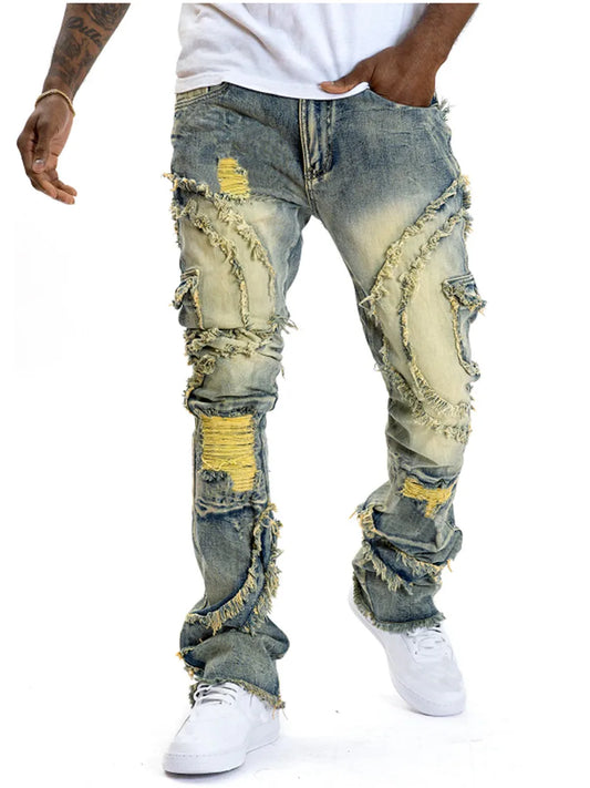 Men's Spring Autumn Casual Denim Pants Ripped Multi Pockets Slim Fit Jeans Trousers for Streetwear Punk Trendy Fashion Retro