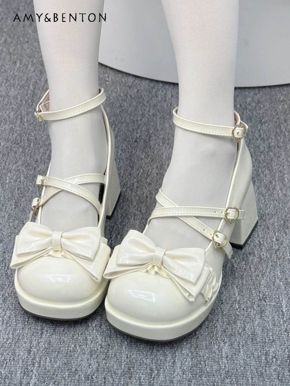 Original Round Toe Lolita High Heels Japanese Sweet Cute Bow Love Buckle Chunky Mary Jane Shoes Kawaii Leather Shoes for Women