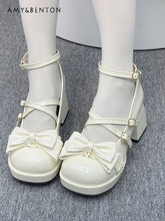 Original Round Toe Lolita High Heels Japanese Sweet Cute Bow Love Buckle Chunky Mary Jane Shoes Kawaii Leather Shoes for Women