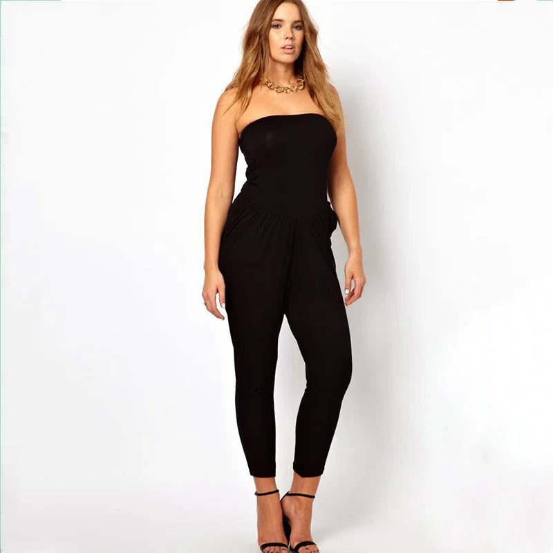 Plus Size Elegant Tube Jumpsuits Women Sleeveless Off Shoulder Solid Black Pocket Elastic Waist Summer Casual Jumpsuits 6xl 7xl