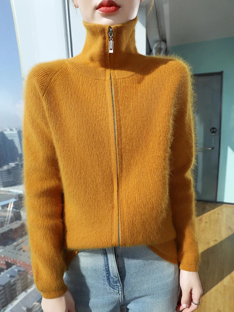 Women’s Zippers Cardigan 100% Mink Cashmere Sweater Thick Raglan Sleeve Knitwear Korean Style Autumn Winter Coat Clothing Tops