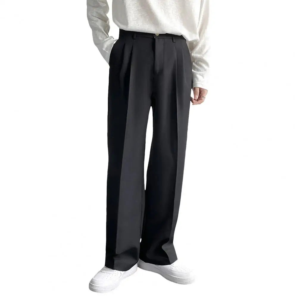 Men Suit Pants Button Zipper Closure Straight Leg Slacks Solid Color Loose Formal Business Style Office Wear Trousers