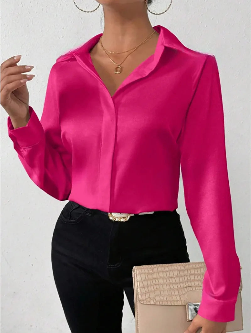 Women's Long Sleeve Silk-like Shirt European American Style Cross-border Clothing High-quality Fashionable Ladies Blouse