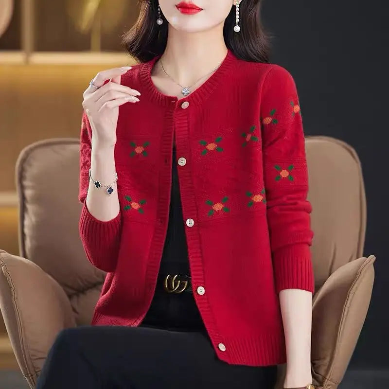 Autumn Winter New Round Neck Long Sleeve Fashion Sweater Women High Street Casual Printing Button Cardigan Elegant All-match Top