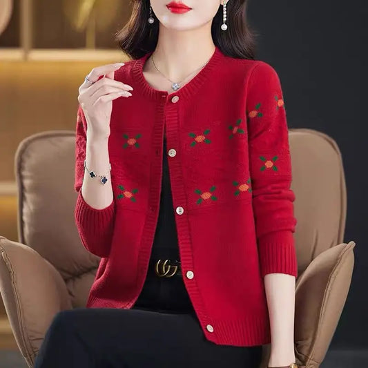 Autumn Winter New Round Neck Long Sleeve Fashion Sweater Women High Street Casual Printing Button Cardigan Elegant All-match Top