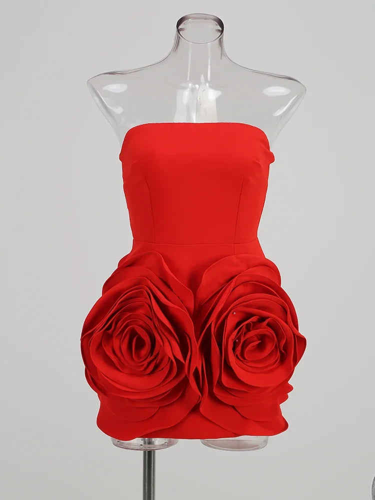 Sexy Strapless 3d Big Flower Evening Dress Red Brithday Dresses for Women Elegant Prom Gown 2024 Summer Fashion Party Outfits