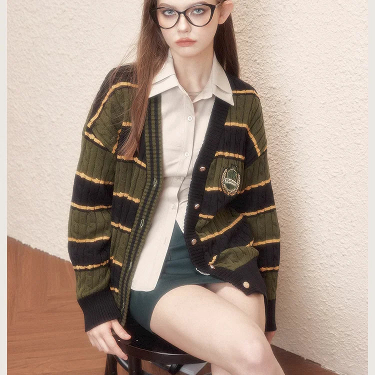 Harry Potter Hogwarts College Sweater Cardigan Coat for Women Gryffindor Slytherin Knitted Cardigan Loose JK Stripe Sweater Coat