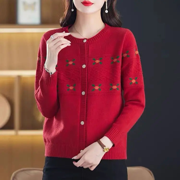 Autumn Winter New Round Neck Long Sleeve Fashion Sweater Women High Street Casual Printing Button Cardigan Elegant All-match Top