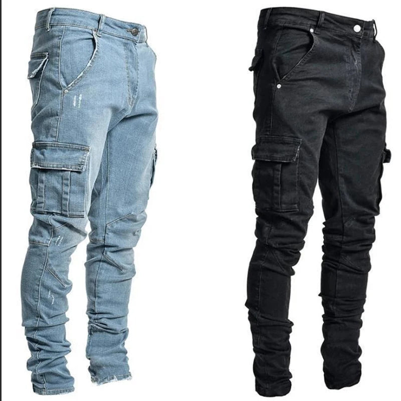 Stylish Tide Brand Men Cargo Narrow Leg Denim Pants Elastic Slim Fit Jeans Solid Color Multi Pockets Casual Skinny Male Trousers