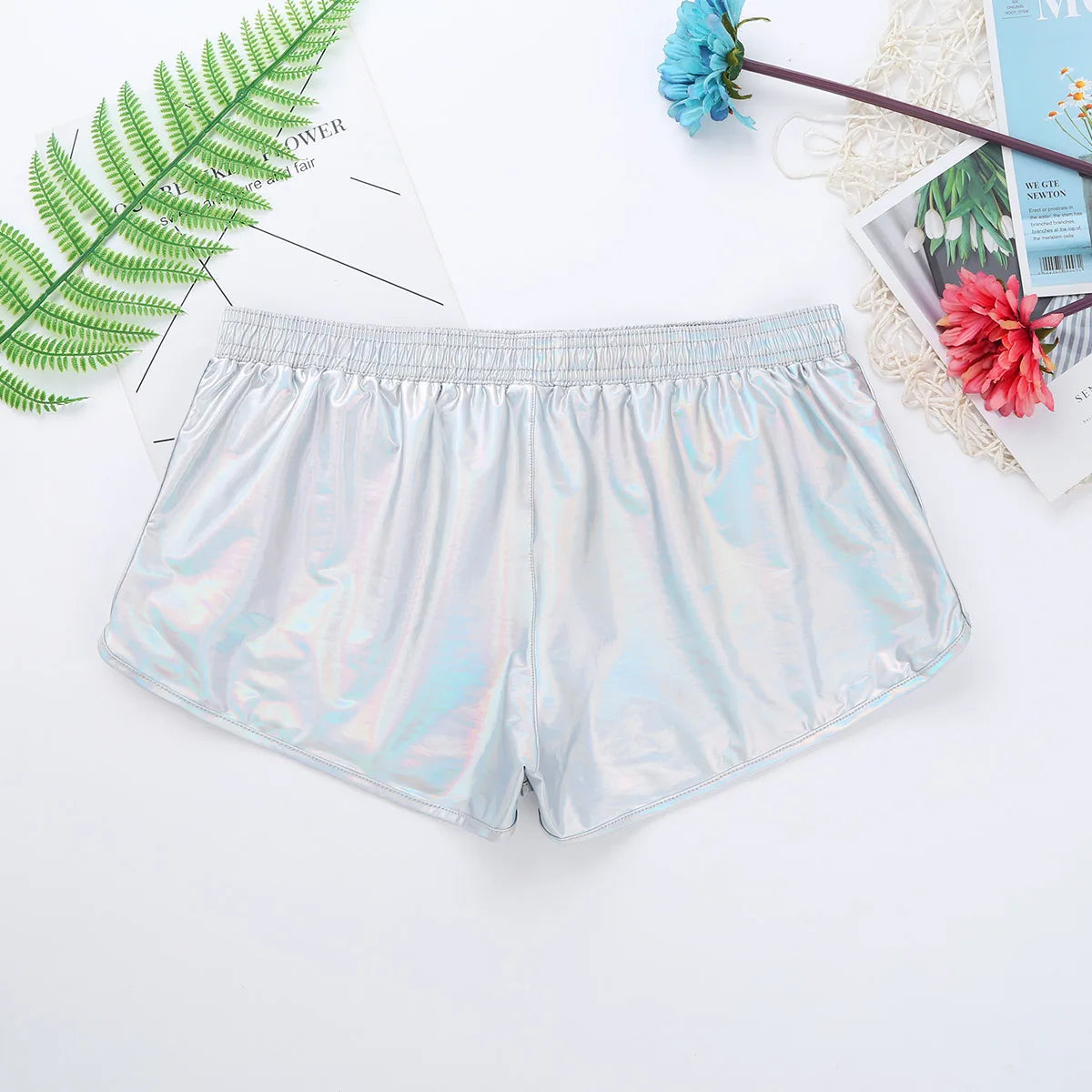 Mens Holographic Shiny Metallic Boxer Briefs Casual Loose Lounge Shorts Underwear Fashion Swim Trunks Bikini Swimwear