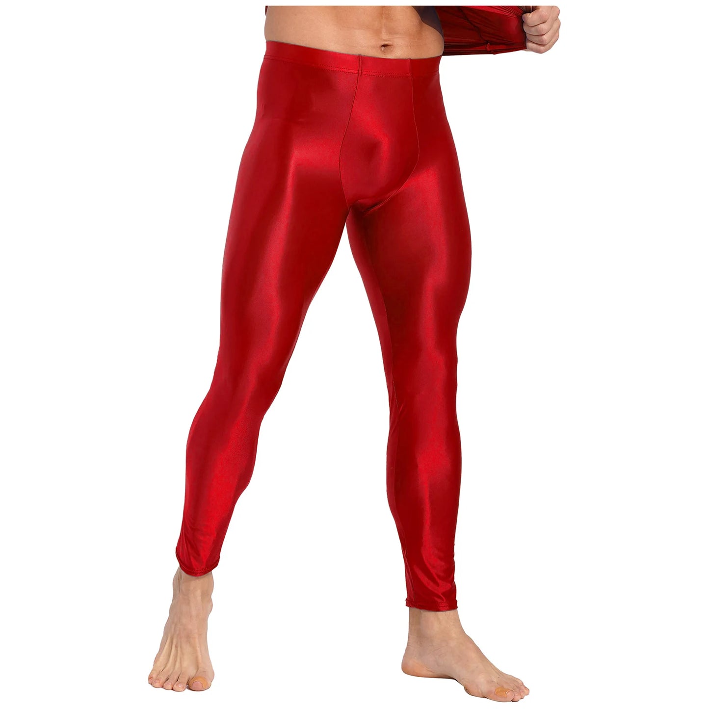 Men's Glossy Oil Tights Long Pants Skinny Leg Trousers Underwear Solid Color Leggings for Exercise Running Gym Fitness Workout