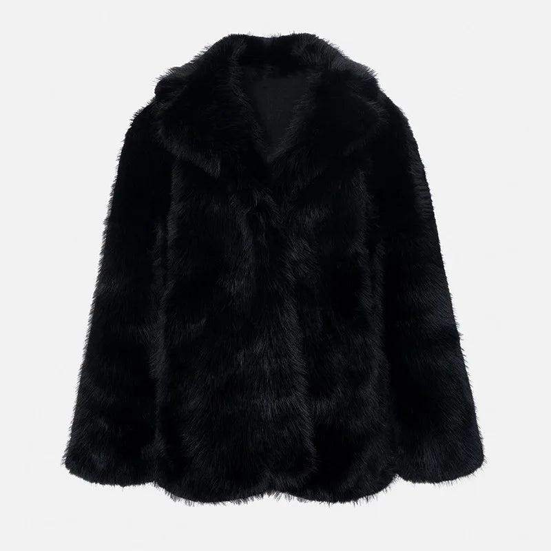 TARUXY 2025 Winter Imitation Fox Fur Mid-length Coat For Women Fashion Artificial Lapel Thicken Streetwear Faux Fur Jacket Lady