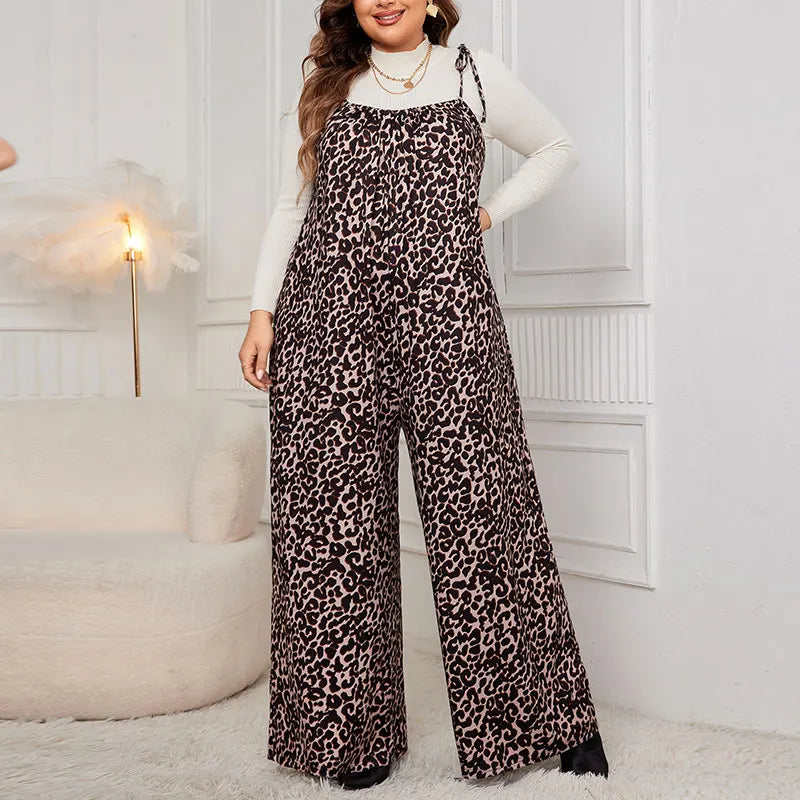 Plus Size Leopard Jumpsuits Sexy Lace Up Strap Sleeveless Wide Leg Pants Fashion Loose Brown Overalls