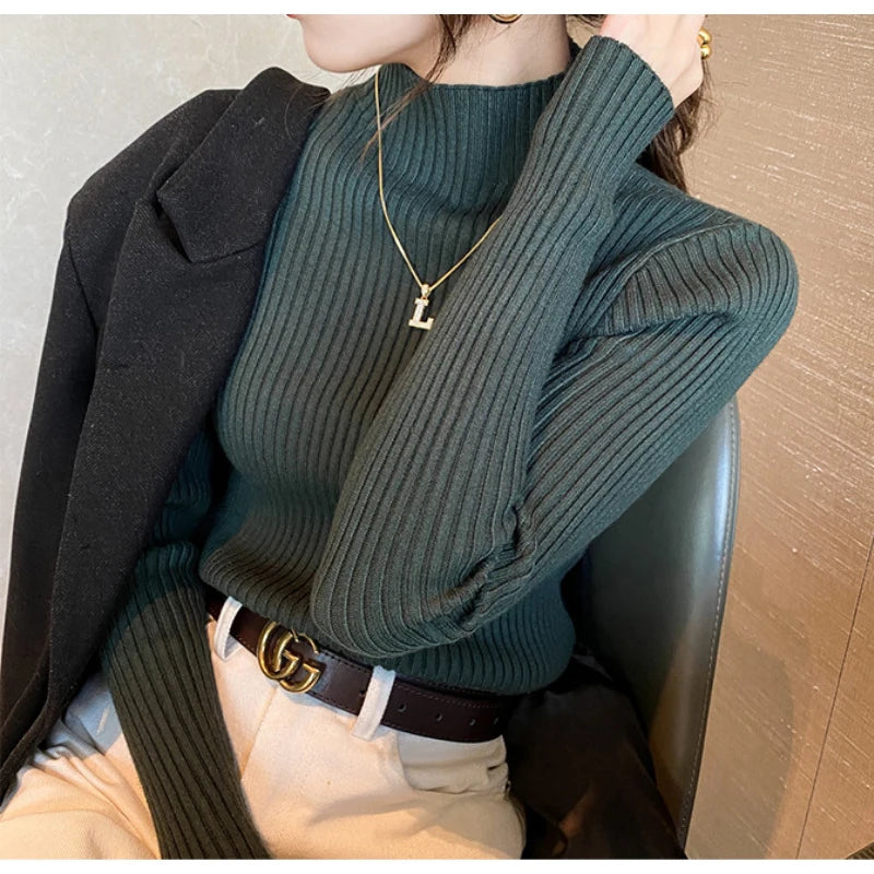 Elegant Solid Basic Knitted Tops Women Turtlneck Sweater Long Sleeve Casual Slim Pullover Korean Fashion Simple Chic Clothes