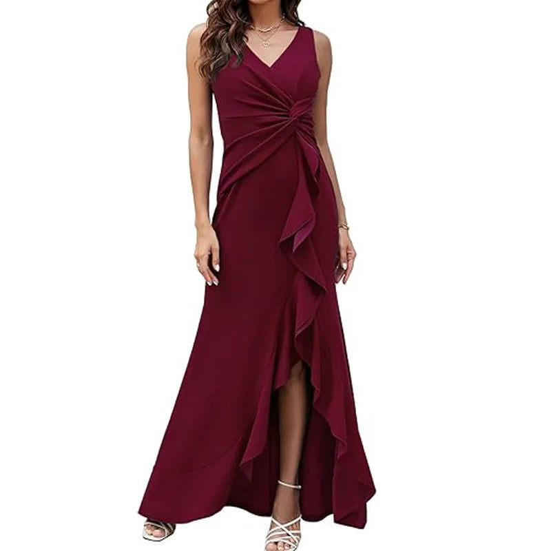 Elegant V-Neck Party Maxi Dress Women Fashion Sleeveless Ruffle Split Gown Prom Dress Ladies Slim Fit Tie Up Bodycon Gala Dress