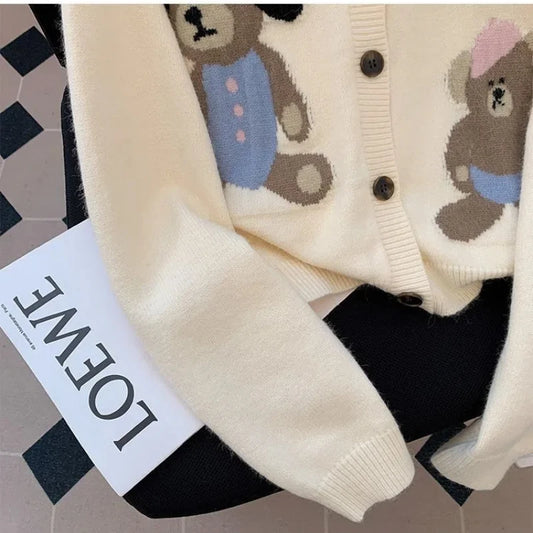 Korean Fashion Autumn Sweaters Coats Women O-Neck Cartoon Little Bear Button Sweet Chic Long Sleeve Loose Cardigan Knitted Tops