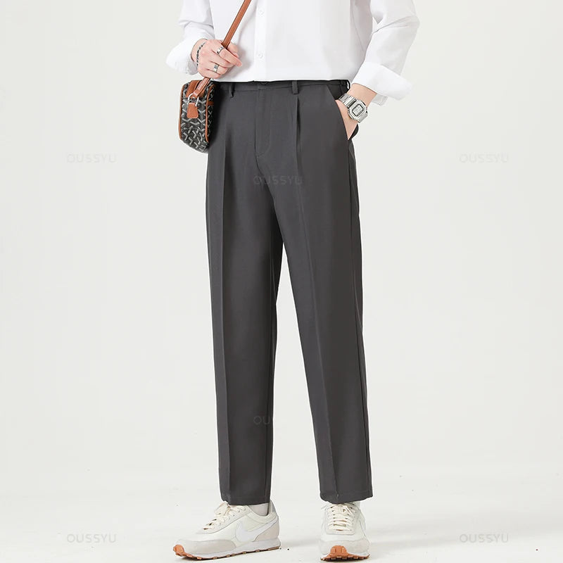 Brand Clothing Smooth Suit Pants Men Business Thin Formal Ankle Length Work Pant Korean Casual Long Trousers Male Oversized 40