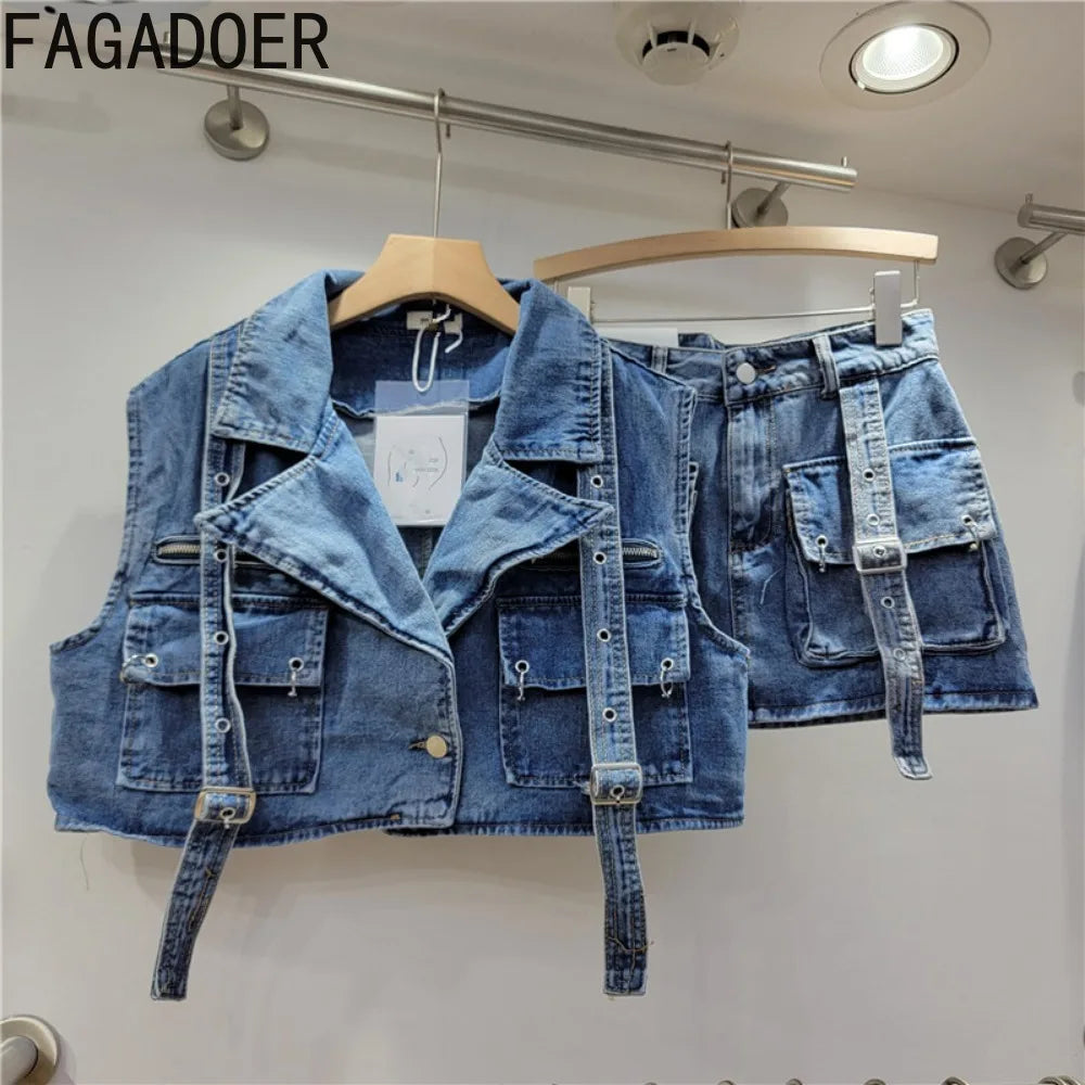 FAGADOER Pink Retro Denim 2 Piece Sets Outfit Women Cargo Big Pockets Jacket + Mini Skirt Matching Set Y2k Clothing Streetwear