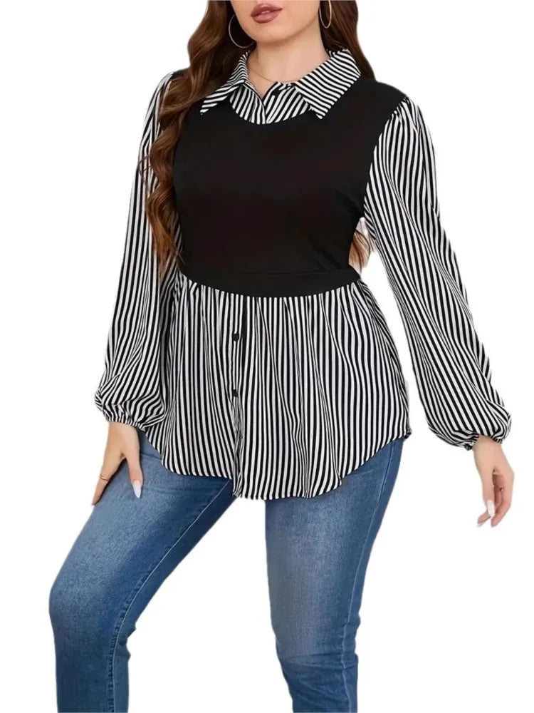 Plus Size Autumn Striped Print Patchwork Pullover Tops Women Casual Fashion Ladies Blouses Loose Long Sleeve Woman Tops