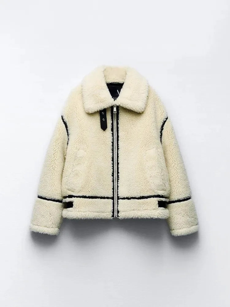 Women Fake Fur Zipper Jacket Plush Coat Loose Long Sleeve Lapel Collar Thicken Coats Winter Fashion Female Warm Street Outwears