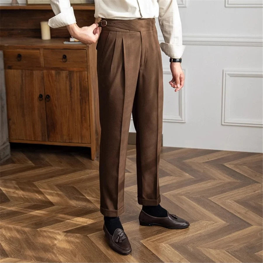 Men Solid Color Suit Trousers Spring Trendy Belt High Waist Pants Male Business Office Fashion Pleated Straight Pants Streetwear