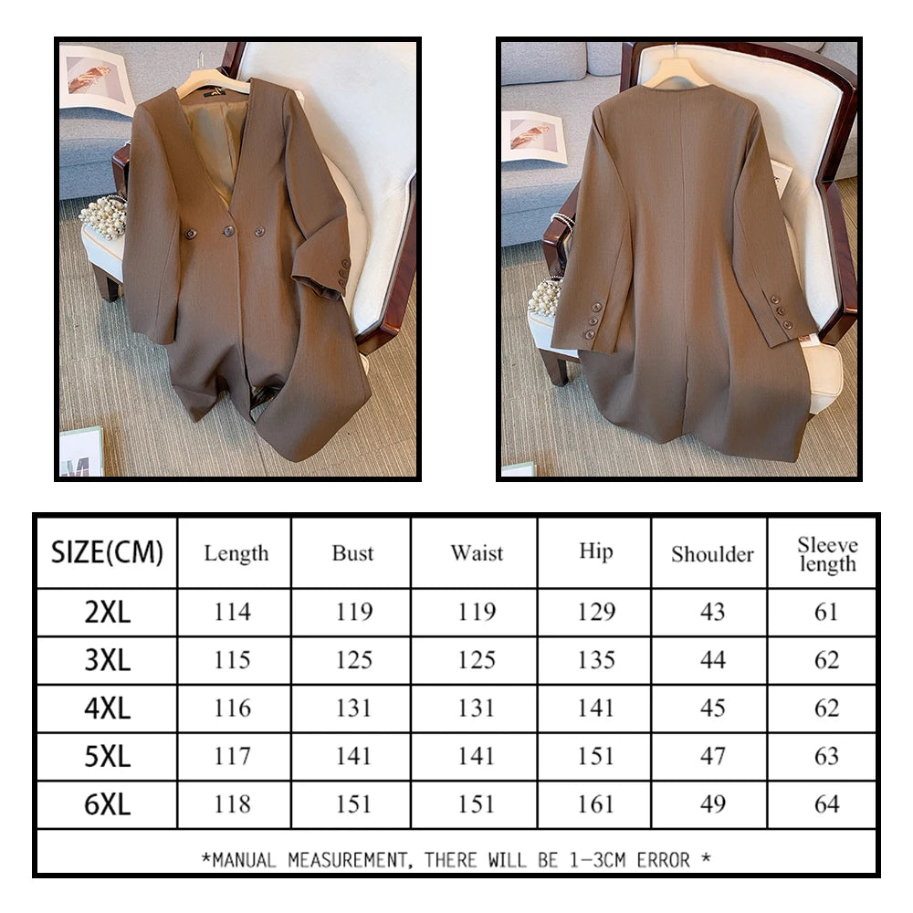 Spring and fall plus size women's casual big V-neck trench coat loose and comfortable double-breasted commuter long-sleeved coat