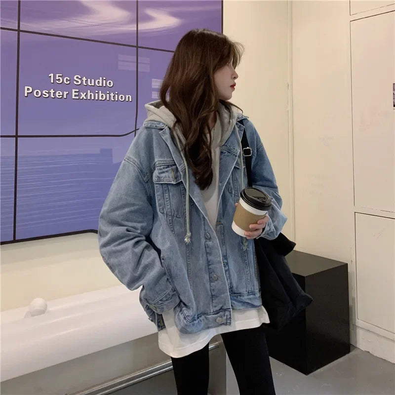 Vintage Denim Hooded Jackets Women Cost Single Breasted Pockets Loose Fit Outerwear Casual 2024 Autumn Overcoat Streetwear