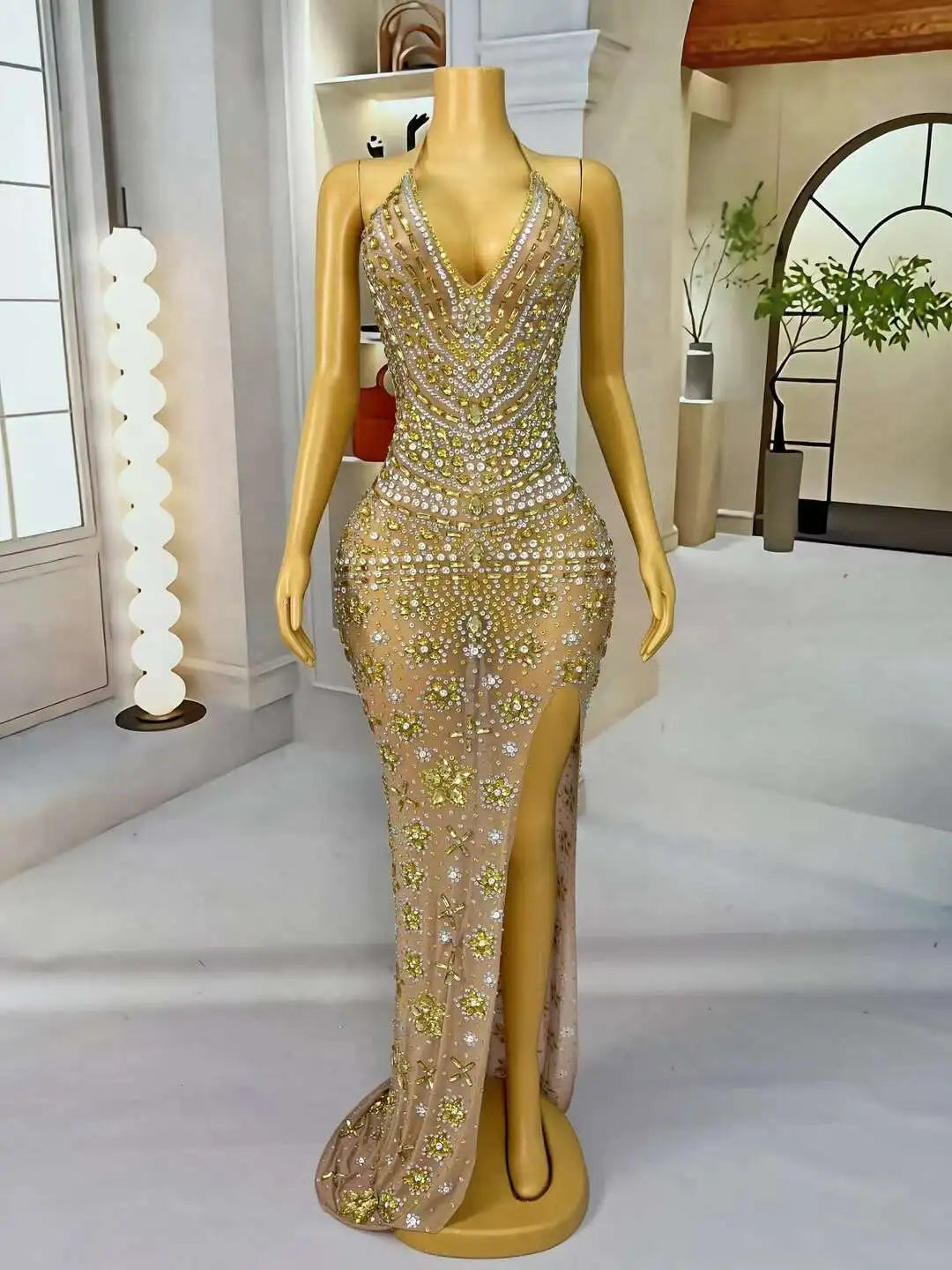 Luxurious Birthday Celebrate Diamonds Split Long Dress Women Evening Prom Gowns Sexy Crystals Collection Xiaoxianghua