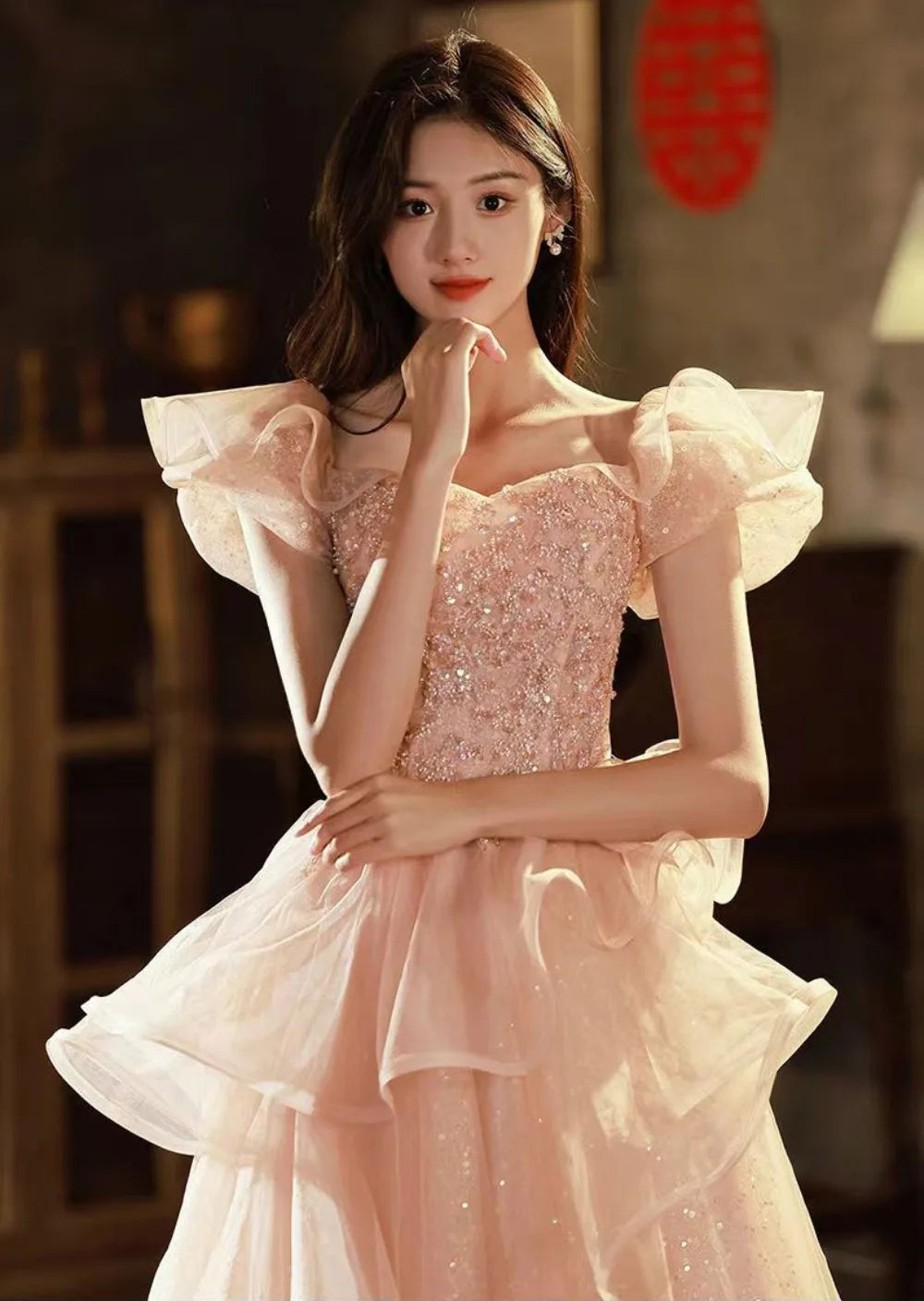 Pink Elegant Evening Dresses for Women Flying Shoulder Sequined Ruffle Fluffy Organza Prom Dreeses for Woman