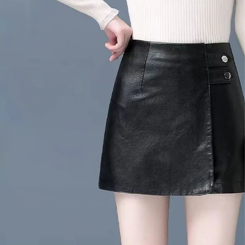 Fashion All-match Solid Color Shorts Patchwork Skirt Women's Clothing Autumn Casual Commute High Waist Leather Skirts for Female