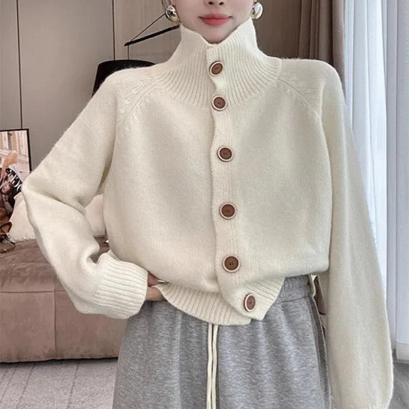 Korean Fashion Autumn Sweaters Coats Women Turtleneck Single Breasted Lazy Wind Casual Loose Long Sleeve Cardigan Knitted Tops