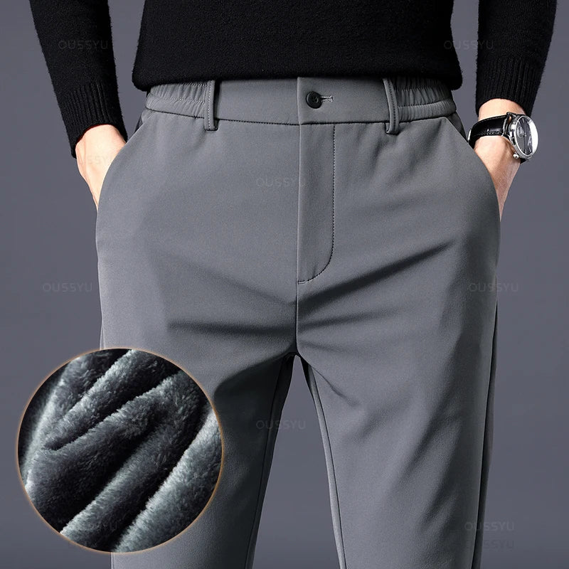 Winter Warm Fleece Trousers Men Thicken Business Stretch Slim Elastic Waist Jogger Korean Outdoor Sweatpants Suit Pants Male