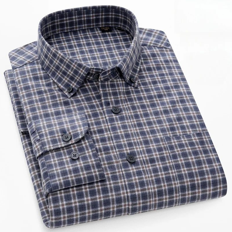 100% Pure Cotton Flannel Men Plaid Shirts Male Business Casual High Quality Pocket Long sleeve Shirt for Men Button Shirt S-5XL