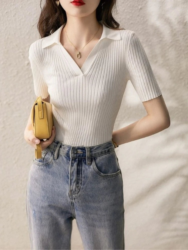 Woman T Shirt Plain Slim Knitted Black Polo Neck Women Casual Tops Korean Popular Clothes Clothing Basic New Synthetic Aesthetic