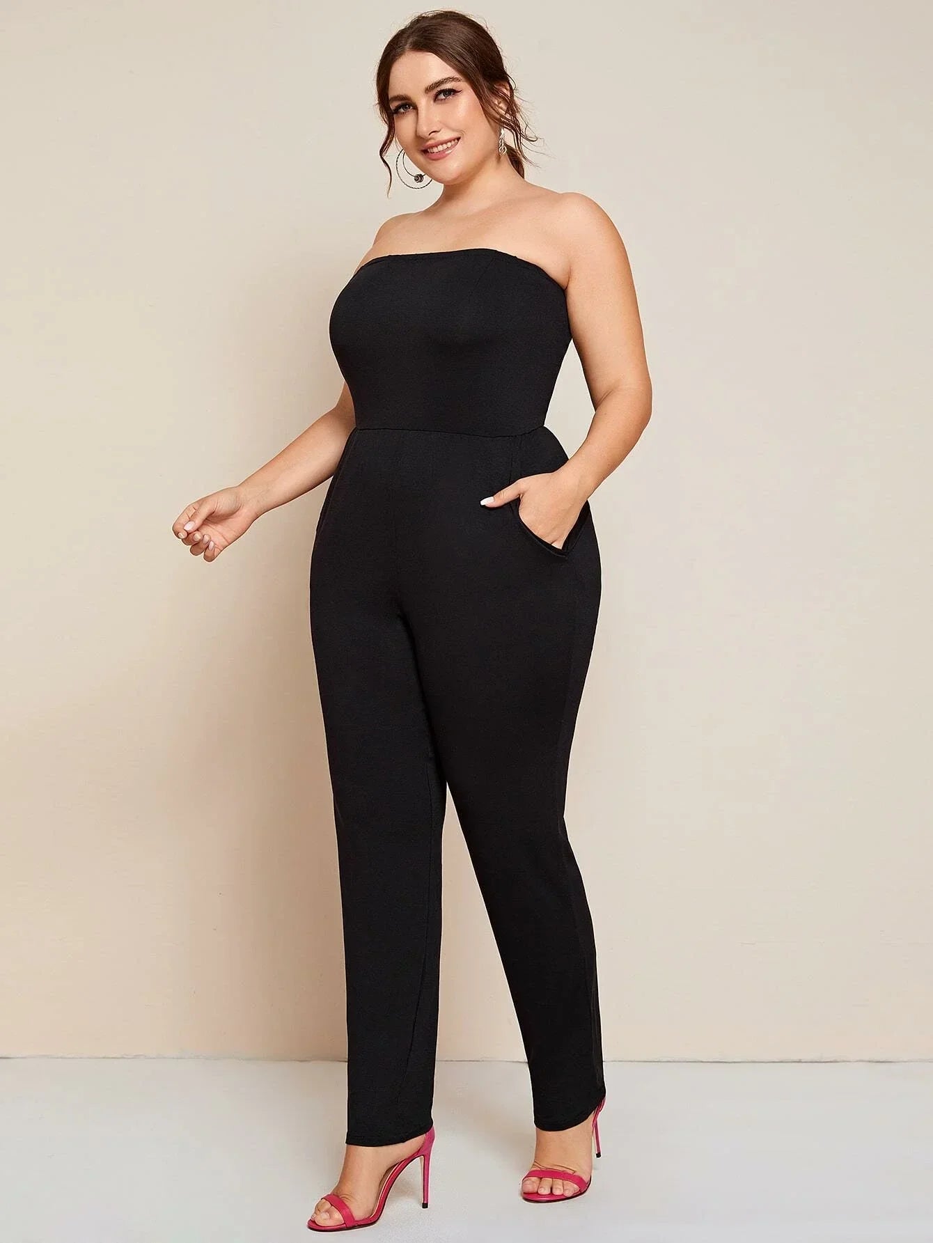 Plus Size Elegant Tube Jumpsuits Women Sleeveless Off Shoulder Solid Black Pocket Elastic Waist Summer Casual Jumpsuits 6xl 7xl