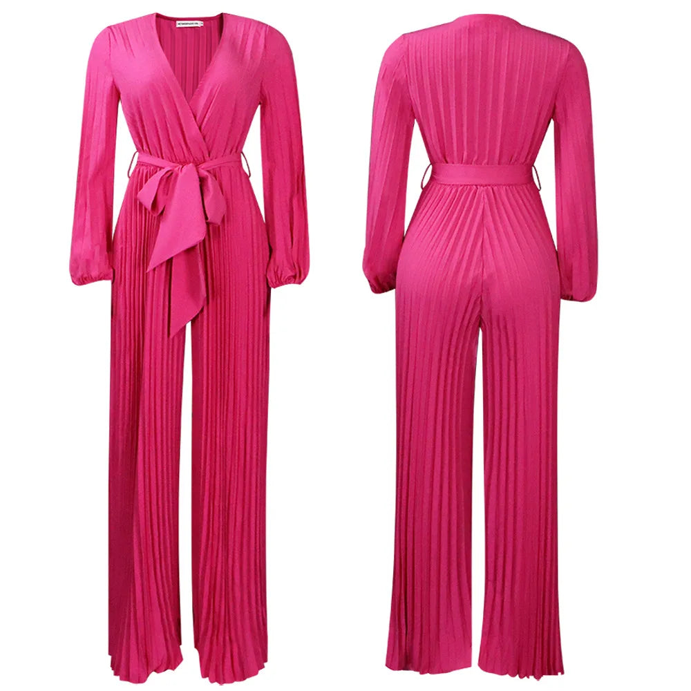 Plus Size Pleated Jumpsuit Female Casual Loose Elegant Clothing Women One Piece Outfit 2023 Autumn Fashion Wide Leg Pants