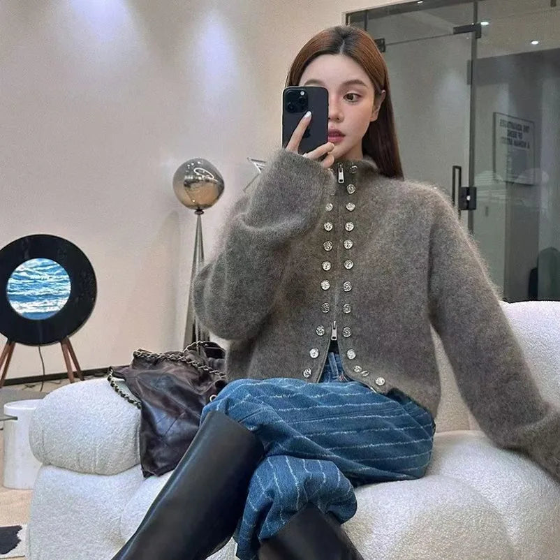 Fall Women Old Money Cuddly Cardigan Sweater Long Sleeve Turtleneck Knitwears Pullovers Aesthetic French Vintage Winter Jumper