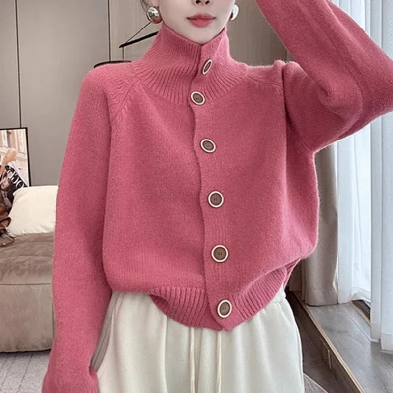 Korean Fashion Autumn Sweaters Coats Women Turtleneck Single Breasted Lazy Wind Casual Loose Long Sleeve Cardigan Knitted Tops